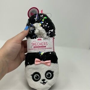 Sketchers Panda Sequin Cozy Socks Girls Size L/XL Black and Cute with Pink Bow